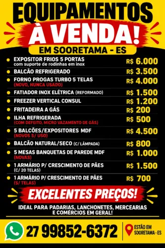 Equipamentos para Padaria, Lanchonete e Mercearia - Sooretama/ES
