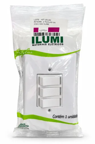 KIT DE 5 UNIDADES INTERRUPTOR 3 TECLAS 6A 250V 4X2 BRANCO - ILUMI