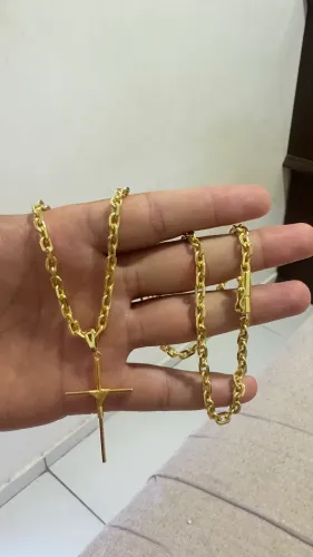 ? Corrente Cadeado 5mm Masculina Banhada a Ouro 70cm + Pingente de Cruz