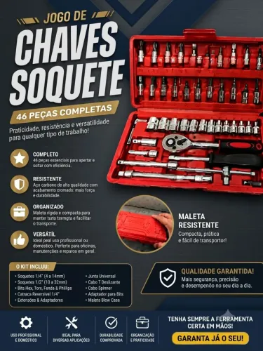 Jogo De Chaves Catraca E Soquete Maleta Completa 46 Peças