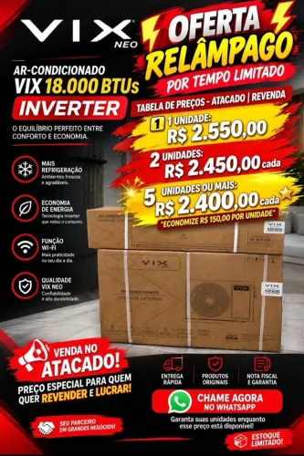 AR-CONDICIONADO VIX 18.000 MIL BTUS INVERT, LACRADO NOTA FISCAL E GARANTIA.