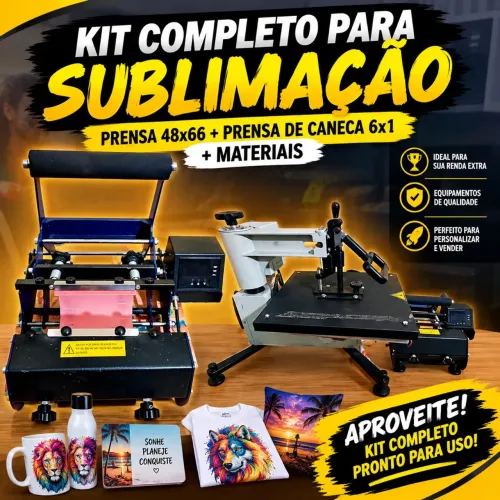 Kit Completo para Sublimação - Prensa 48x66 + Prensa de Caneca 6x1 + Materiais