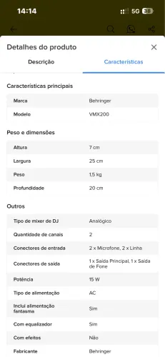 Mesa 2 canais VMX 200-USB Behringer - sem uso