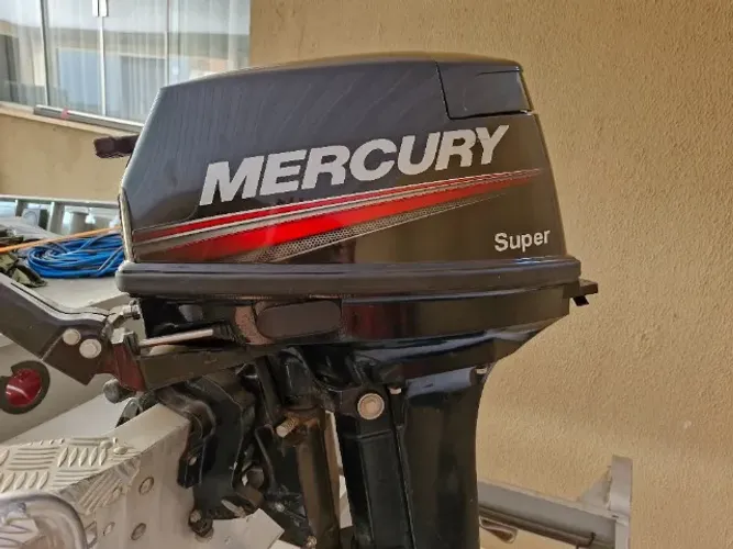 kit de pesca canoa com capota e motor 15 mercury super