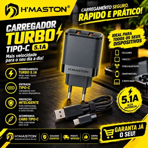 Carregador turbo para celular entrada Tipo C
