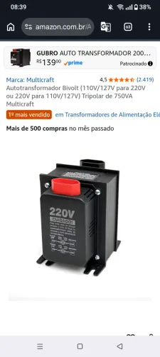 Autotransformador Bivolt (110V/127V para 220V ou 220V para 110V/127V) Tripolar de 750VA Mu