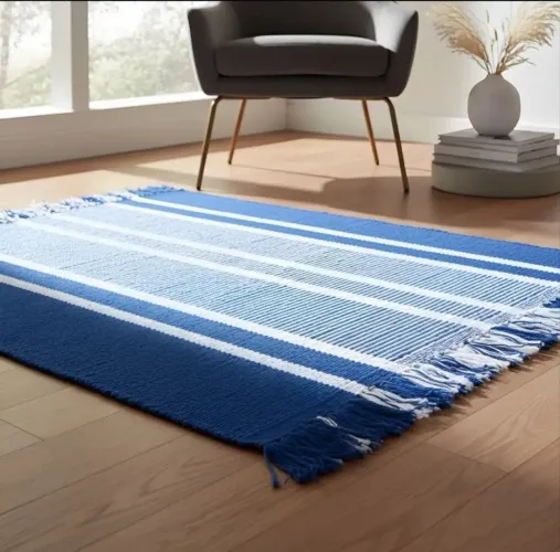 Tapete Artesanal Sala Closet Quarto Cozinha Escritório Azul Com Branco 1,57 Mts