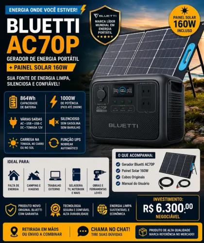 ? Gerador de Energia Solar Bluetti AC70P(Estação de Energia) + Painel Solar 160W