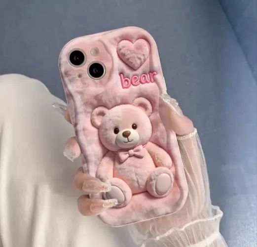 Capa iPhone 16 pro max Estampa de Urso 3D com efeito Pelúcia rosa