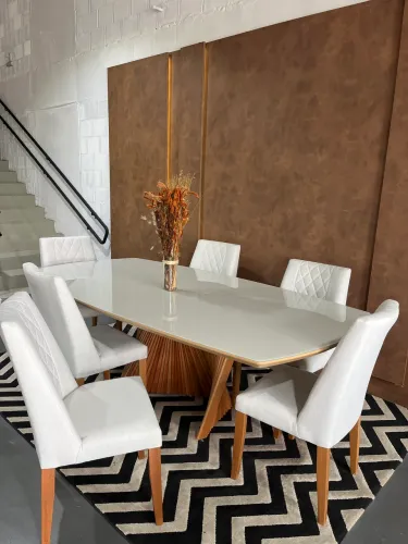 Mesa tampo de vidro off white 2,40x1,20 + 6 cadeiras em linho