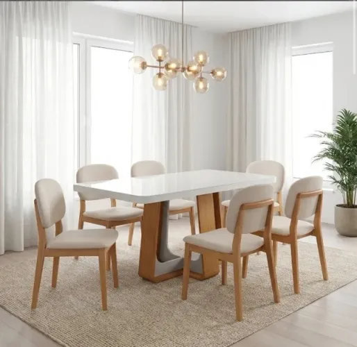 Conjunto Sala de Jantar Ravena 1,70 m com 6 Cadeiras Linho Bege
