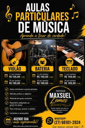 Aulas de Instrumentos Musicais : Violão, Bateria e Teclado.