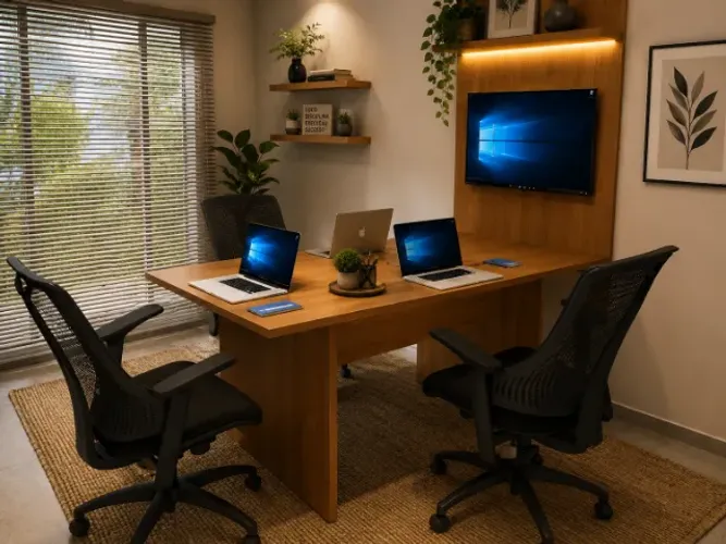 Mesa De Reunião Top White Com Painel e Passa Fios: L136cm x P90cm x A74cm