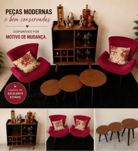 Móveis, poltronas, mesas de cantos, barzinho, tapete.