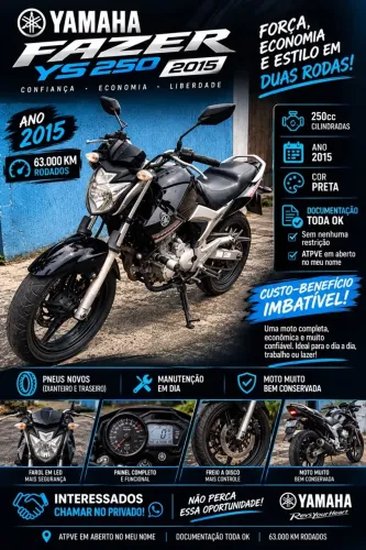 Yamaha Fazer YS 250 Blueflex 2015 | 63.000km + Pneus Novos e Recibo Aberto.