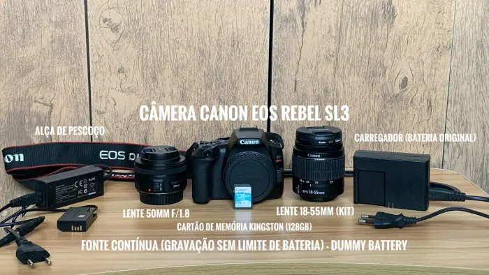 KIT Câmera Canon Eos Rebel Sl3 18-35 + Lente 50mm F/1.8 + Extras (Usado)