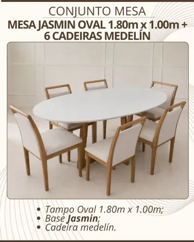 Mesa de Jantar elegante oval com 6 cadeiras
