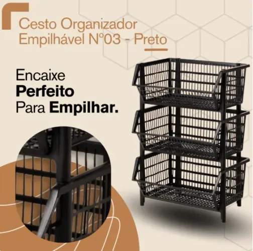 Cestos Expositor Empilhável N3 58cm Preto / Organizador / Barato (Kit com 6 )