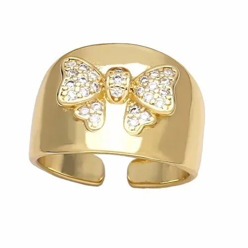Anel Banhado a Ouro 18k e Folheado com Zircônias Formato Laço Novo