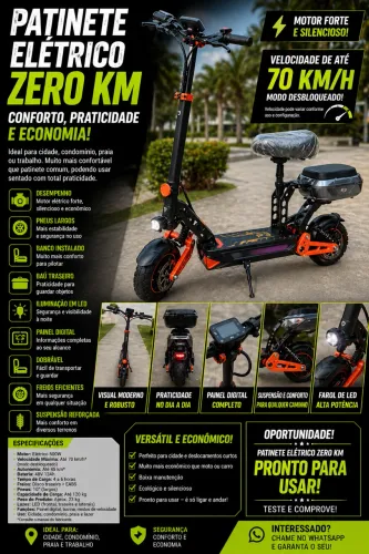 Patinete Elétrico ZERO KM - Até 70km/h, Completo com Banco e Baú