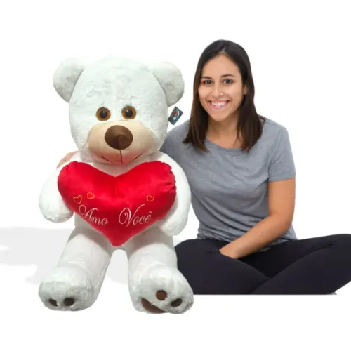 Urso de Pelucia Gigante com Almofada de Coração Amo Voce 1 metro Branco Presente Namorada