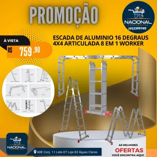 ESCADA DE ALUMÍNIO 16 DEGRAUS 4X4 ARTICULADA 8 EM 1 WORKER
