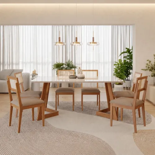 Mesa Jantar Madeira/Off White com 6 Cadeiras Palmas Linho Bege tt43