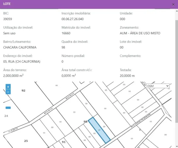 Terreno Lote a venda direto com o proprietário - Chácaras Califórnia - Dourados-MS-20m de