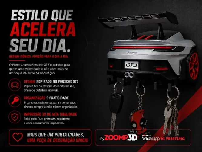 Porta Chaves Porsche 911 GT3 RS Decorativo Suporte de Parede Estilo Luxo