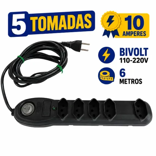 Filtro de Linha Force Line - 5 Tomadas Cabo 6m Preto Bivolt