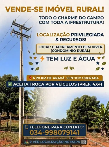 VENDO TERRENO RURAL NO CHACREAMENTO BEM VIVER A 20 KM DE ARAXA