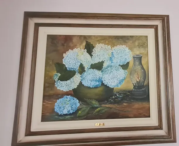 Lindo Quadro Pintura a Óleo - Vaso de Hortênsias (Clássico)