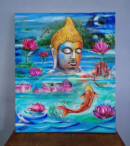 Tela pintada a mão em acrílico " Buda e a lótus "<br><br>Artista : Flavinho Grumari<br><br>60 x 50 cm