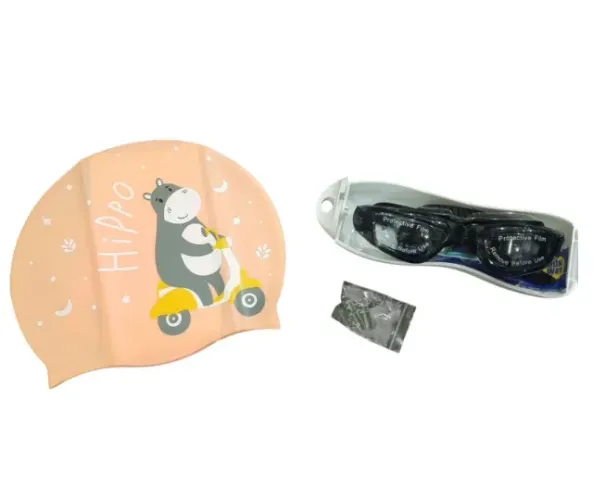 kit touca oculos de natação com protetores nariz e ouvido laranja e preto