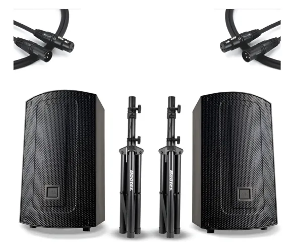 Kit Sonorização Profissional Par JBL MAX 10 Ativa 500W, Tripé, Microfone, Cabos