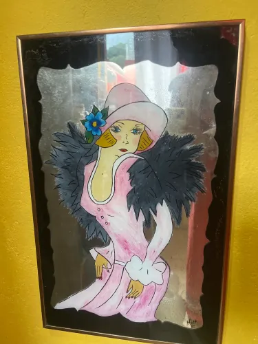 Antigo quadro espelhado com imagens linda pintada a mão 