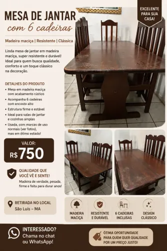 Mesa de Jantar de Madeira com 6 cadeiras