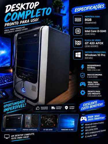 ? PC GAMER COMPLETO i3 + 8GB RAM + GT 420 2GB | Windows 10 Pro | PRONTO PRA USAR!