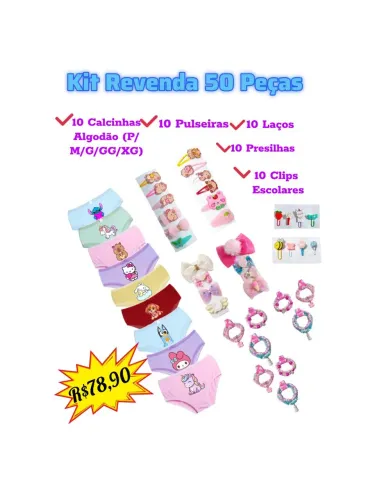 Kit Infantil p/ Revender com 50 peças (Calcinha 100% Algodão, Laços e Presilhas)