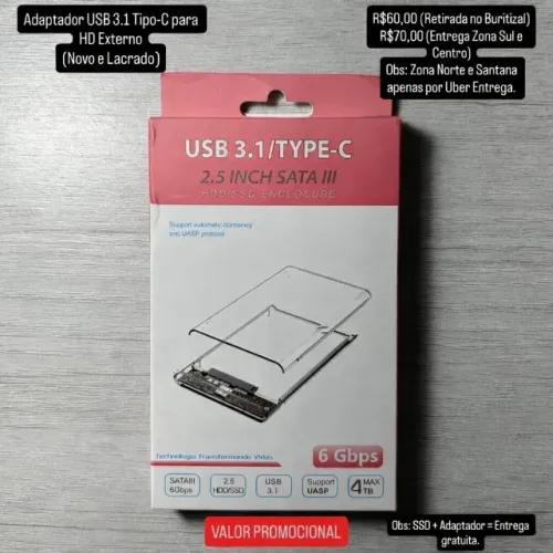 Case USB 3.1 Tipo-C para HD Externo (Novo e Lacrado) PROMOÇÃO