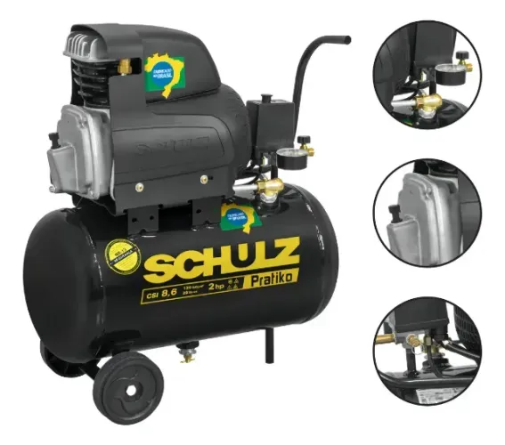 Compressor De Ar Csi 8,6 25 Litros Pratiko 2hp Schulz Cor Preto