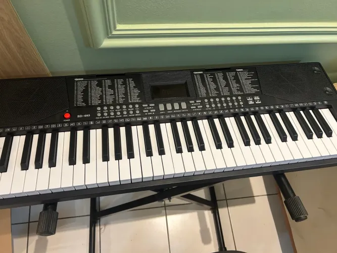 Teclado 61 teclas sensitivas, midi, com botão de sustain e vibrato. Acompanha suporte