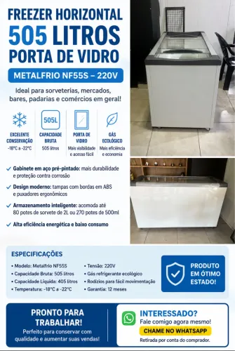 Freezer Horizontal Expositor Metalfrio NF55S - 505 Litros - Porta de Vidro - 220V