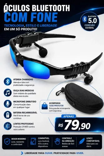 Óculos de sol bluetooth mp3 proteção UV 400