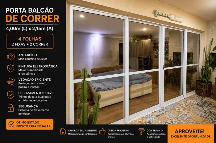 Porta balcão 4 metros cor Branca Anti-Ruido