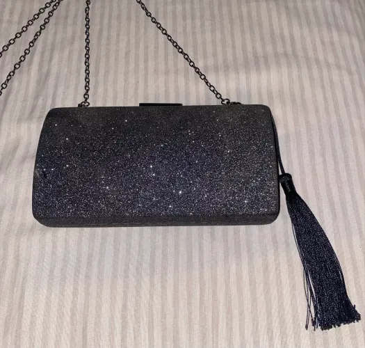 Bolsa Clutch De Festa Preta Com Glitter - Alça E Pingente Removíveis