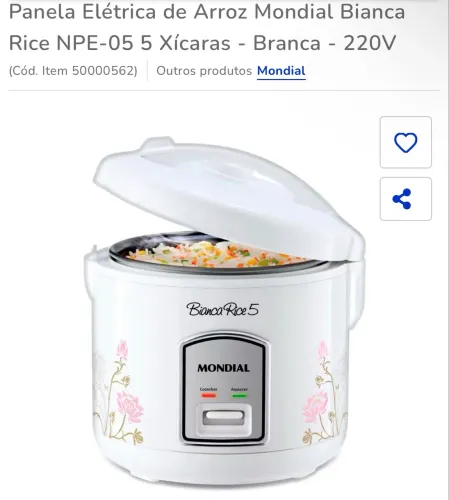 Panela Elétrica de Arroz Mondial Bianca Rice NPE-05 5 Xicaras - Branca - 220V