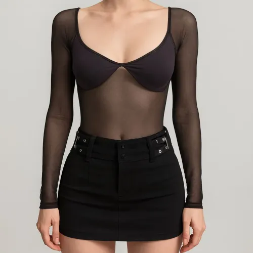 Conjunto Preto Body Tule + Saia Cinto PP