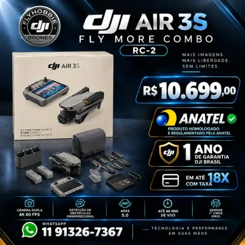 Dji AIR 3S FLY MORE COMBO RC-2 ANATEL Com 1 ano de garantia