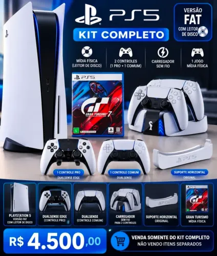 Kit ps5 fat com Leitor, + suporte +carregador sem fio + dual sense edge + gran turismo